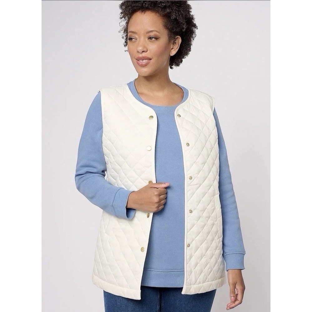 Denim & Co Heritage Quilted Sweater Snap Front Tunic Vest Size 3X White Puffer